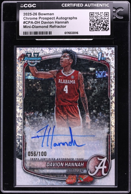 2025 Bowman Chrome University Mini Diamond Refractor Davion Hannah AUTO /100 #CPA-DH CGC AUTH