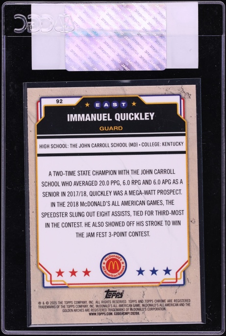 2025 Topps Chrome McDonald's All American Aqua Wave Refractor Immanuel Quickley /199 CGC AUTH