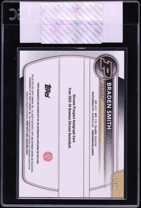 2025 Bowman Chrome U Yellow Refractor Braden Smith PROSPECT AUTO /75 #CPA-BM CGC AUTH