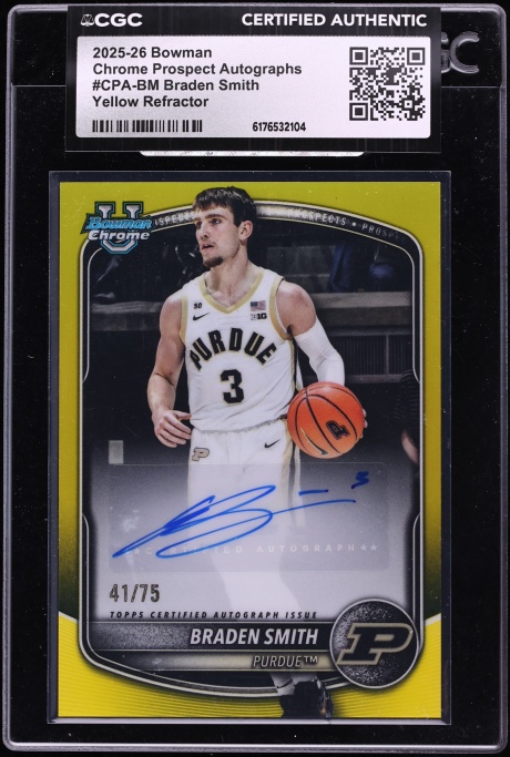 2025 Bowman Chrome U Yellow Refractor Braden Smith PROSPECT AUTO /75 #CPA-BM CGC AUTH