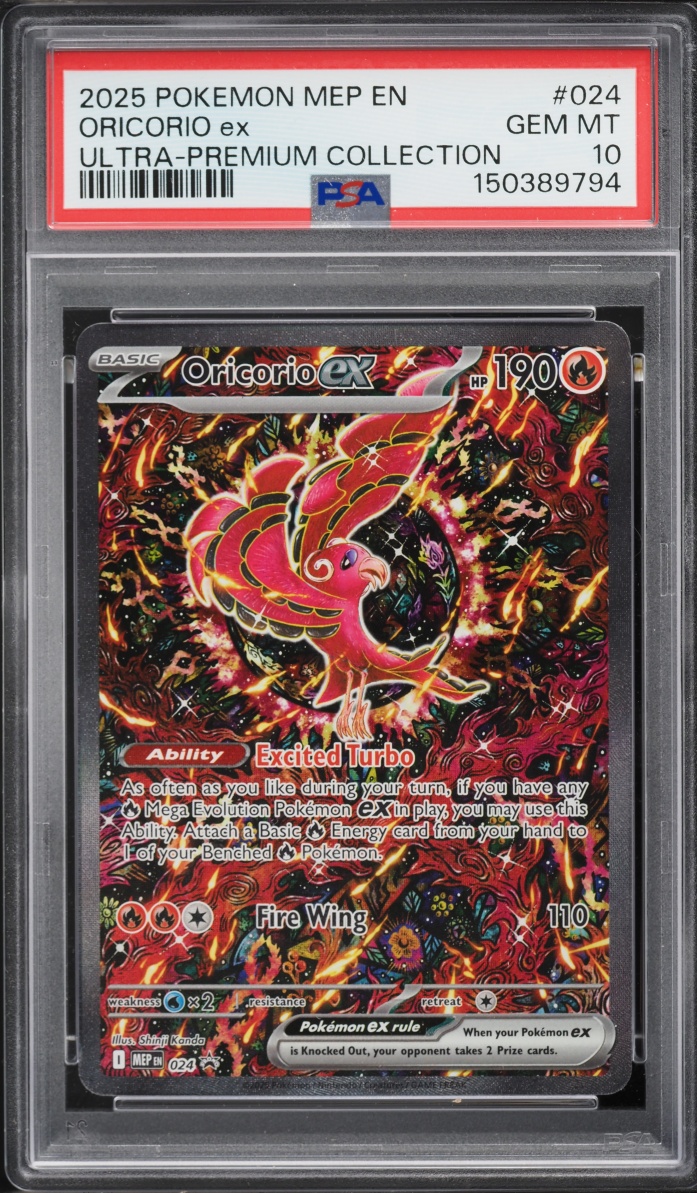 2025 Pokemon Mega Promo Mega Charizard X ex Ultra Premium Full Art Oricorio ex #24 PSA 10 GEM