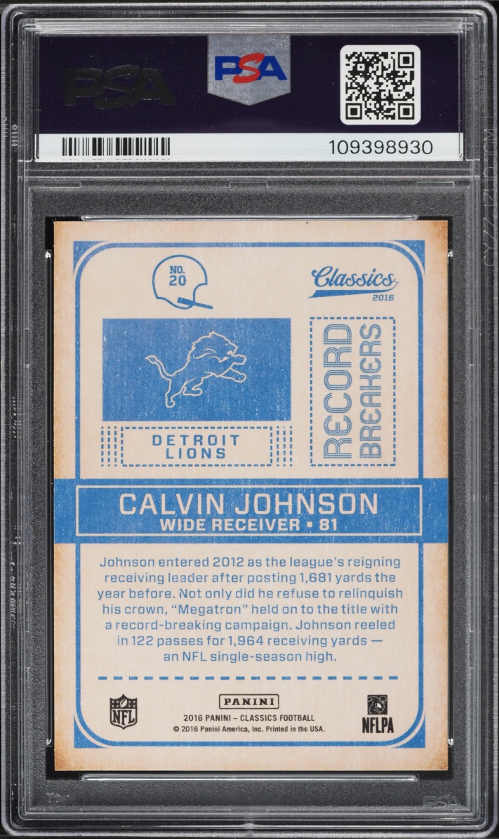 2016 Panini Classics Record Breakers Bronze Calvin Johnson #20 PSA 9 MINT