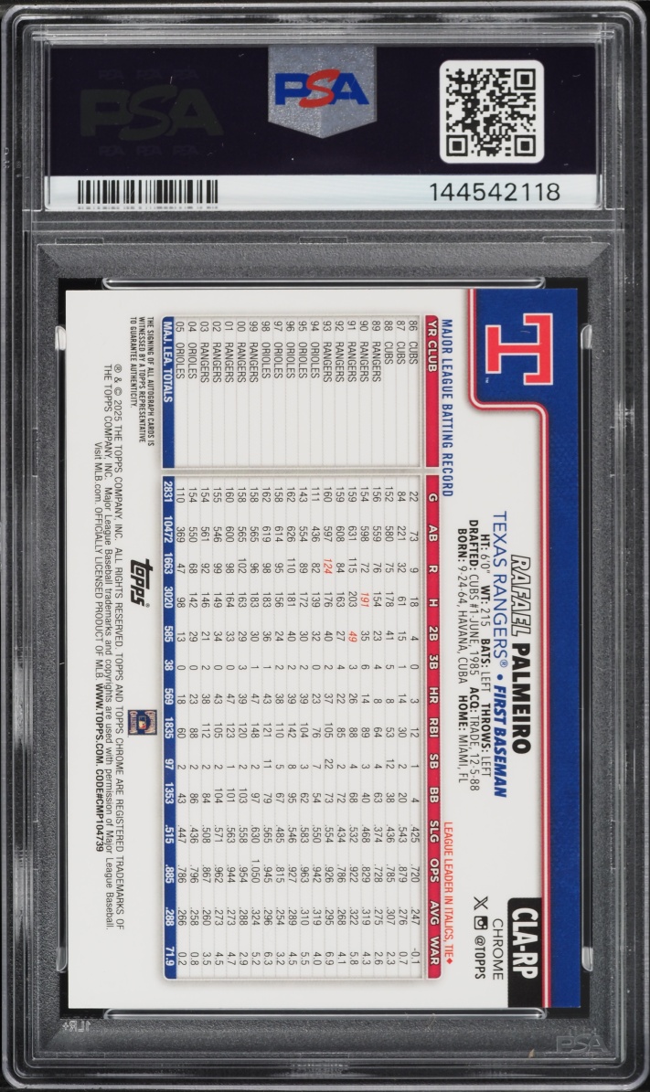2025 Topps Chrome Update Legends Black Refractor Rafael Palmeiro AUTO /10 #CLA-RP PSA 9 MINT