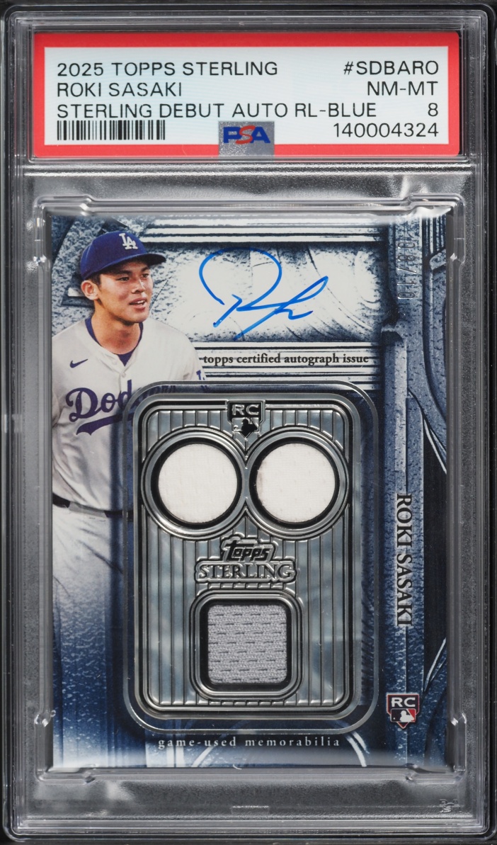 2025 Topps Sterling Debuts Blue Roki Sasaki ROOKIE PATCH AUTO /10 #SDBA-RO PSA 8 NM-MT