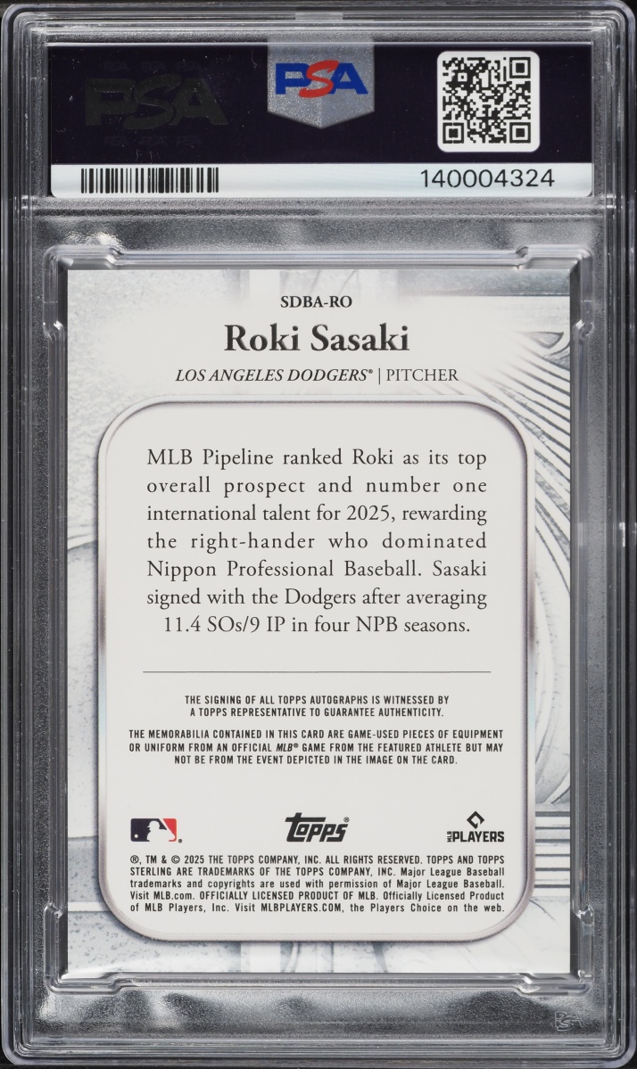 2025 Topps Sterling Debuts Blue Roki Sasaki ROOKIE PATCH AUTO /10 #SDBA-RO PSA 8 NM-MT