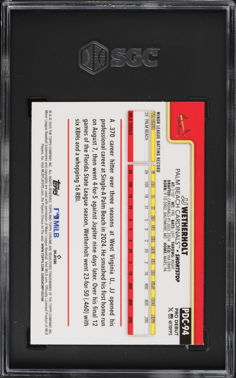 2025 Topps Chrome Pro Debut JJ Wetherholt PROSPECT #PDC-94 SGC 8.5 NM-MT+