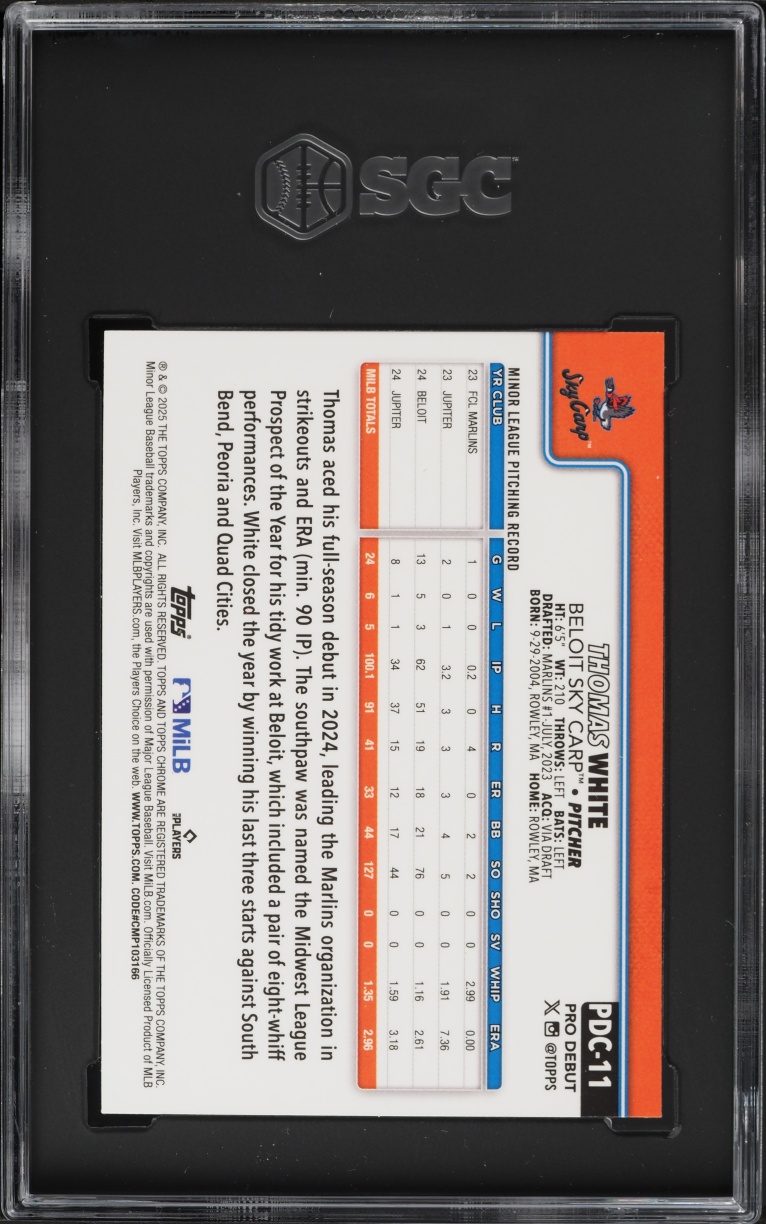 2025 Topps Chrome Pro Debut Aqua Wave Refractor Thomas White PROSPECT /75 #PDC-11 SGC 9.5 MINT+