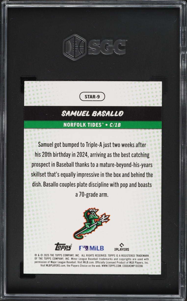 2025 Topps Pro Debut Stars Of MiLB Green Foil Samuel Basallo PROSPECT /99 #STAR-9 SGC 10 GEM