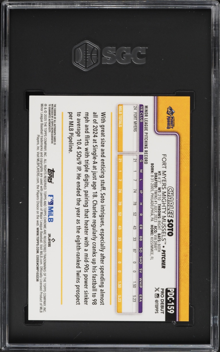 2025 Topps Chrome Pro Debut  Refractor Charlee Soto AUTO /199 #PDC-159 SGC 10 GEM MINT