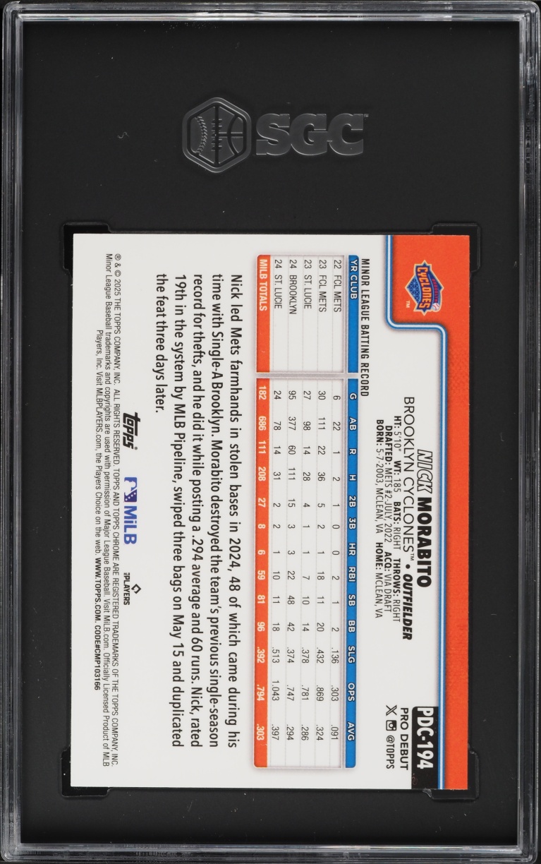 2025 Topps Chrome Pro Debut Green Wave Refractor Nick Morabito /99 #PDC-194 SGC 9.5 MINT+