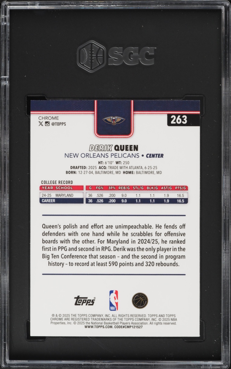 2025 Topps Chrome Xfractor Derik Queen ROOKIE #263 SGC 8.5 NM-MT+
