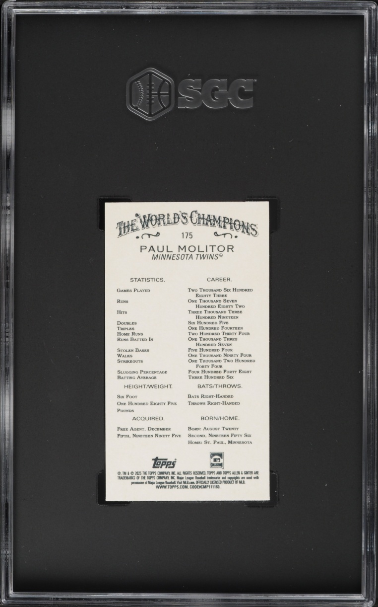 2025 Topps Allen & Ginter Mini Black Border Paul Molitor #175 SGC 10 GEM MINT