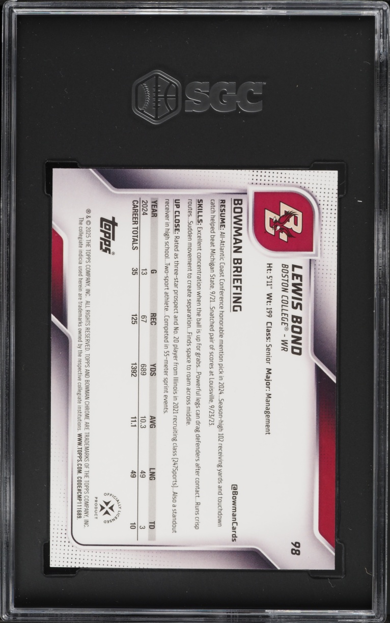 2025 Bowman Chrome University Green Shimmer Refractor Lewis Bond ROOKIE /99 #98 SGC 8.5 NM-MT+