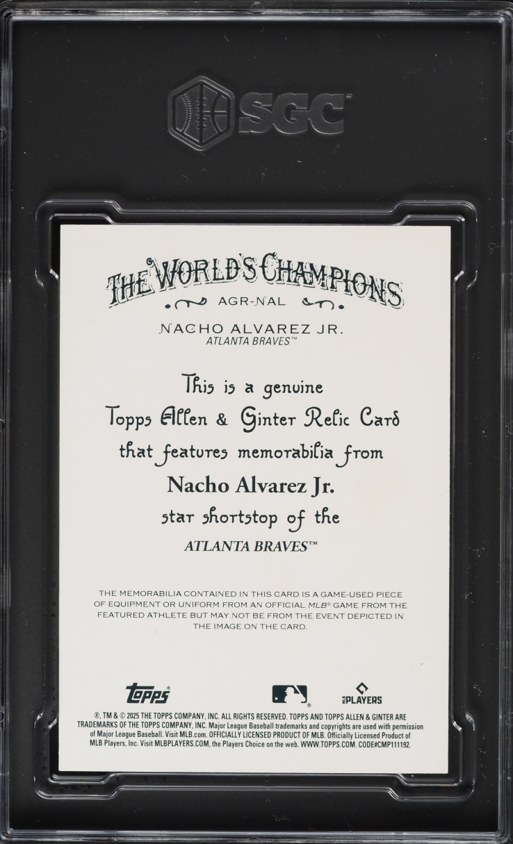 2025 Topps Allen & Ginter Nacho Alvarez Jr. ROOKIE RELIC #AGR-NAL SGC 10 GEM MINT