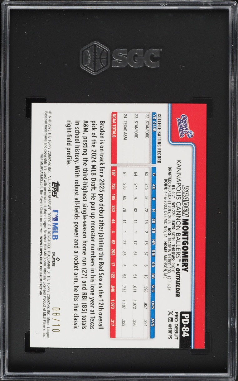 2025 Topps Pro Debut Red Foil Braden Montgomery PROSPECT /10 #PD-84 SGC 9.5 MINT+