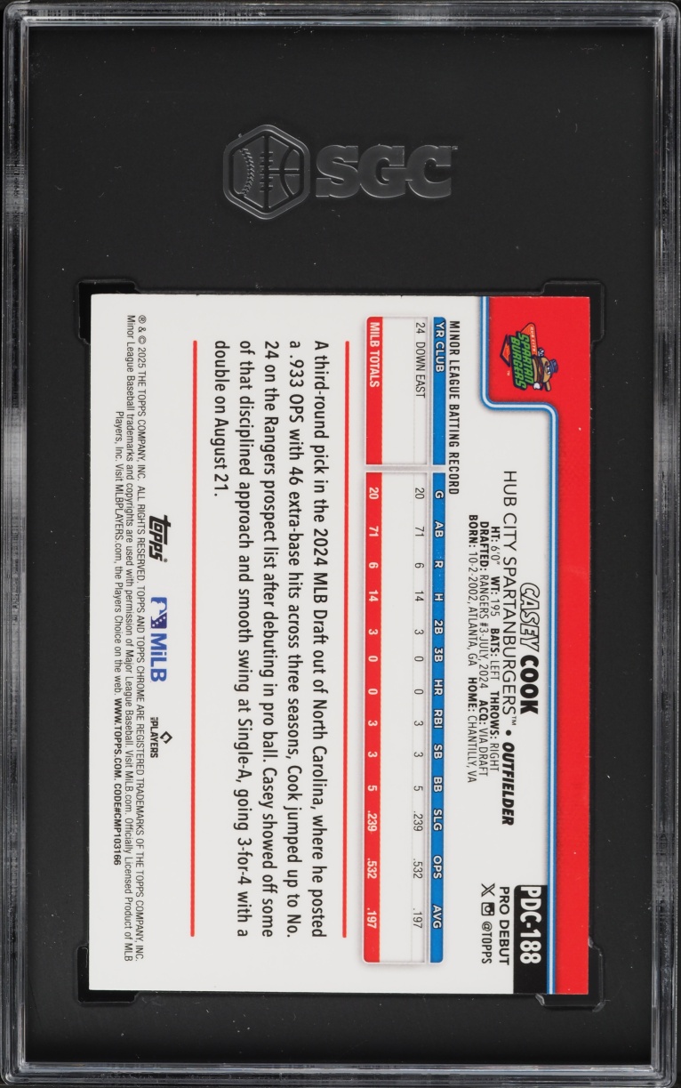 2025 Topps Chrome Pro Debut Aqua Wave Refractor Casey Cook PROSPECT /75 #PDC-188 SGC 8 NM-MT