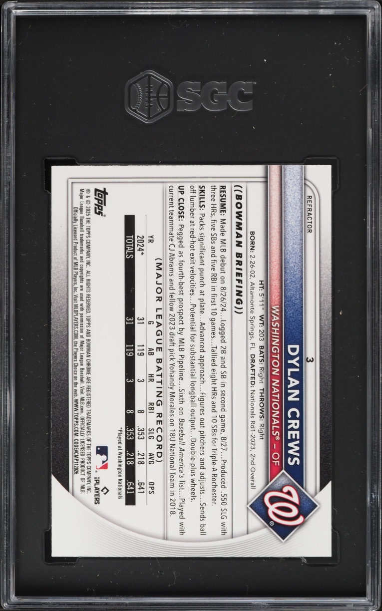 2025 Bowman Chrome Refractor Dylan Crews ROOKIE /499 #3 SGC 9.5 MINT+