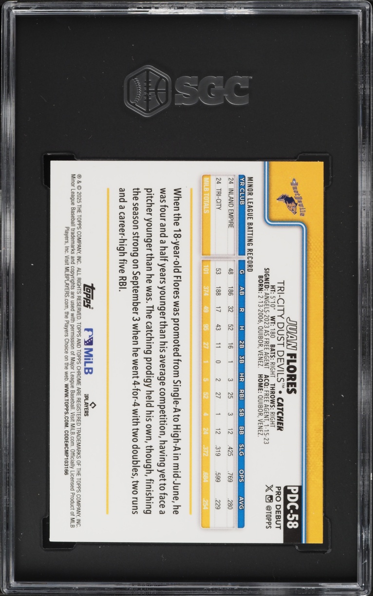 2025 Topps Chrome Pro Debut Blue Refractor Juan Flores /150 #PDC-58 SGC 10 GEM MINT