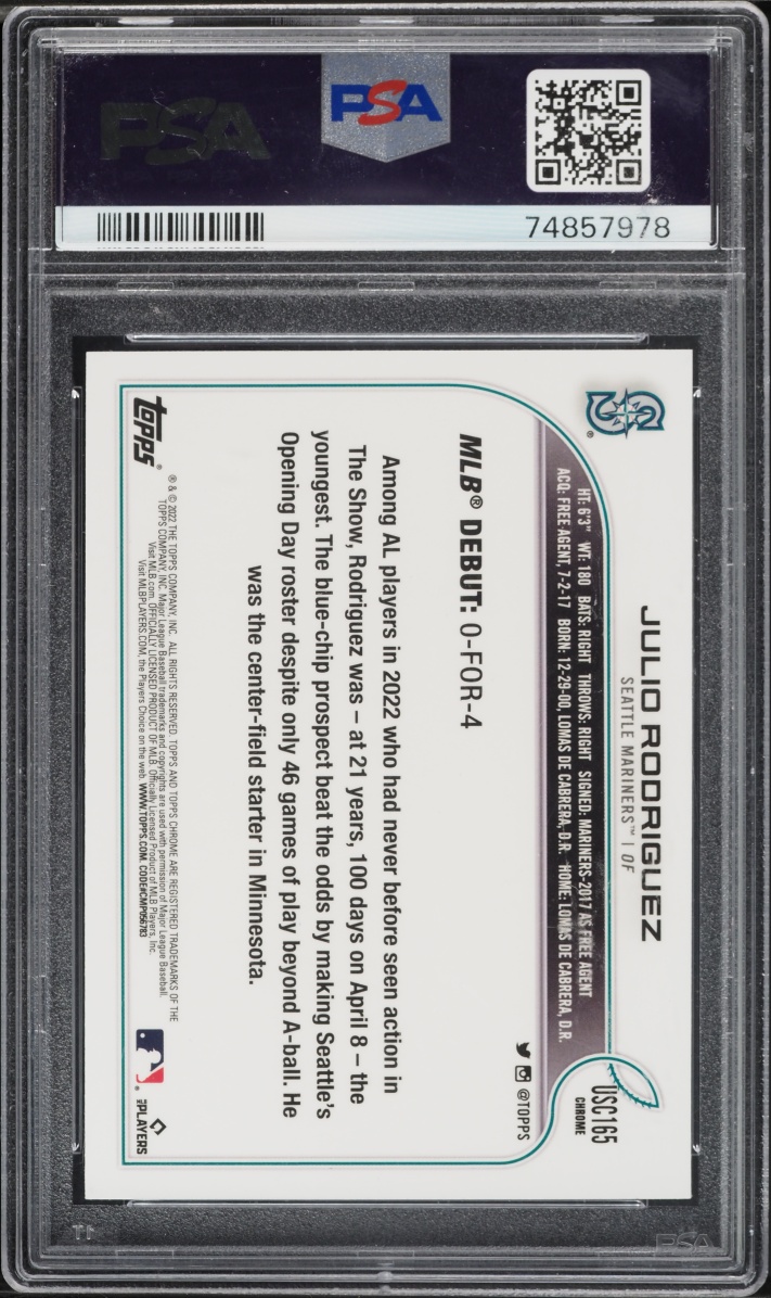 2022 Topps Chrome Update Purple Refractor Julio Rodriguez ROOKIE #USC165 PSA 8 NM-MT