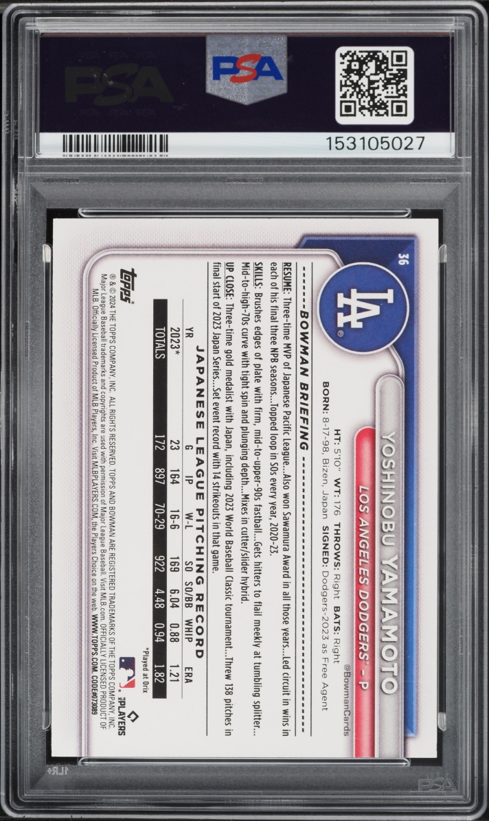 2024 Bowman Yoshinobu Yamamoto ROOKIE #36 PSA 10 GEM MINT