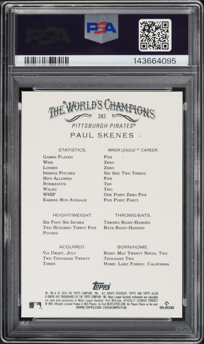 2024 Topps Allen & Ginter Paul Skenes ROOKIE #282 PSA 10 GEM MINT