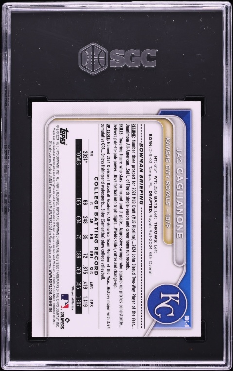 2024 Bowman Chrome Draft Jac Caglianone PROSPECT #BDC-8 SGC 10 GEM MINT