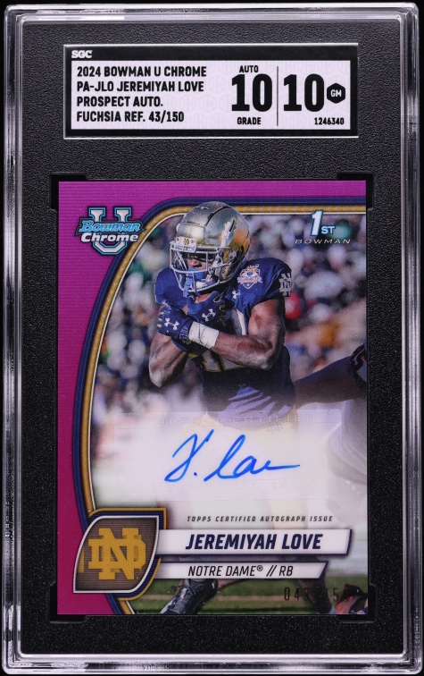 2024 Bowman Chrome University Fuchsia Ref. Jeremiyah Love ROOKIE AUTO /150 #PA-JLO SGC 10 GEM