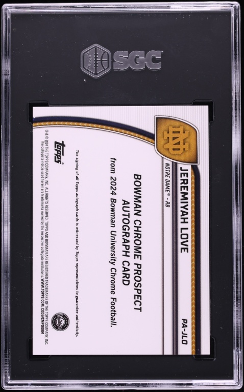 2024 Bowman Chrome University Fuchsia Ref. Jeremiyah Love ROOKIE AUTO /150 #PA-JLO SGC 10 GEM