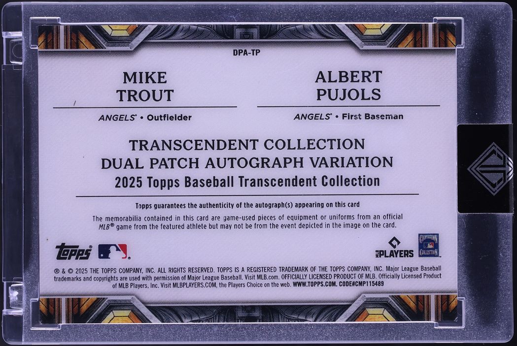 2025 Topps Transcendent Collection Dual Emerald Mike Trout Albert Pujols PATCH AUTO /5 #DPA-TP