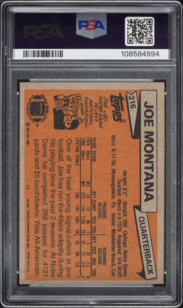 1981 Topps Football Joe Montana ROOKIE #216 PSA 5 EX