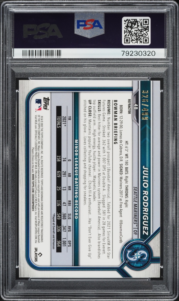 2022 Bowman Chrome Refractor Julio Rodriguez ROOKIE /499 #48 PSA 9 MINT