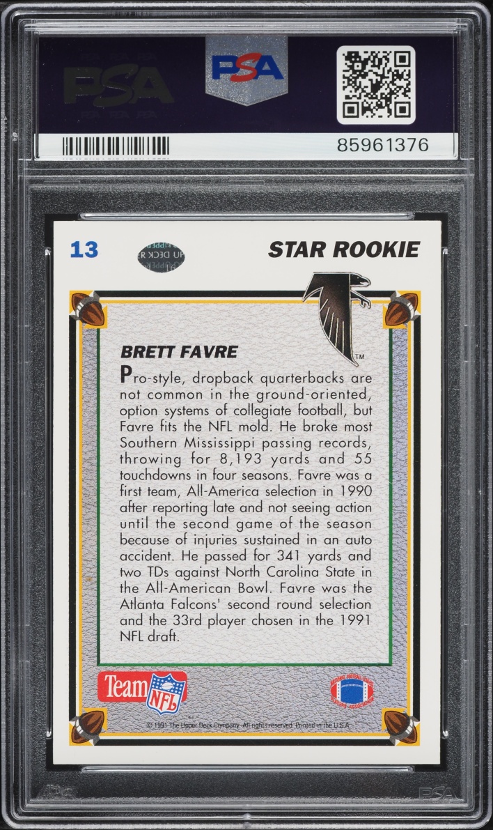 1991 Upper Deck Football Brett Favre ROOKIE #13 PSA 8 NM-MT