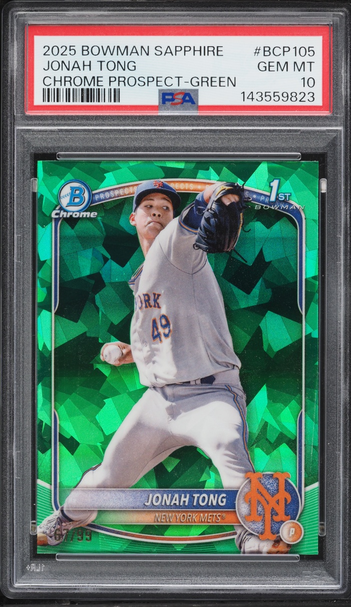 2025 Bowman Chrome Sapphire Edition Green Jonah Tong PROSPECT AUTO /99 #BCP105 PSA 10 GEM MINT