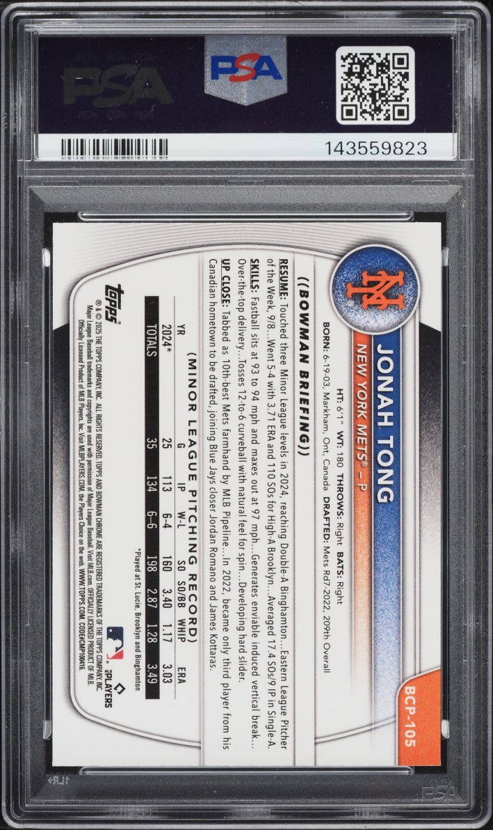 2025 Bowman Chrome Sapphire Edition Green Jonah Tong PROSPECT AUTO /99 #BCP105 PSA 10 GEM MINT