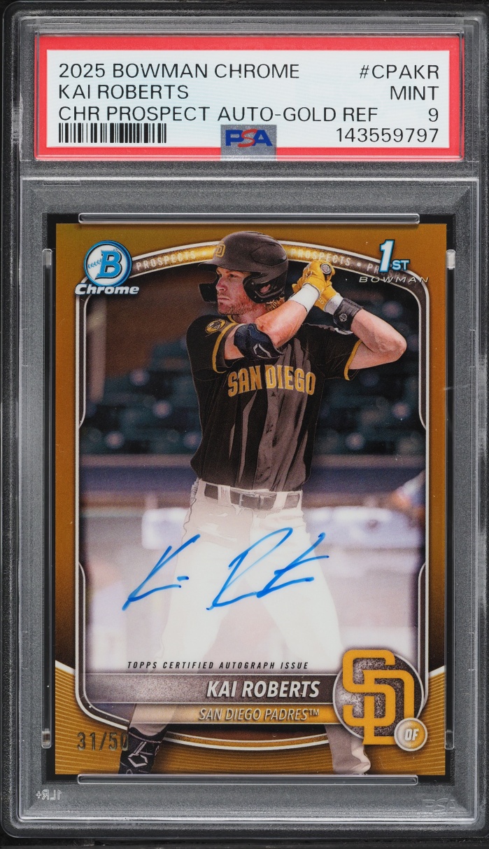 2025 Bowman Chrome Gold Refractor Kai Roberts PROSPECT AUTO /50 #CPAKR PSA 9 MINT