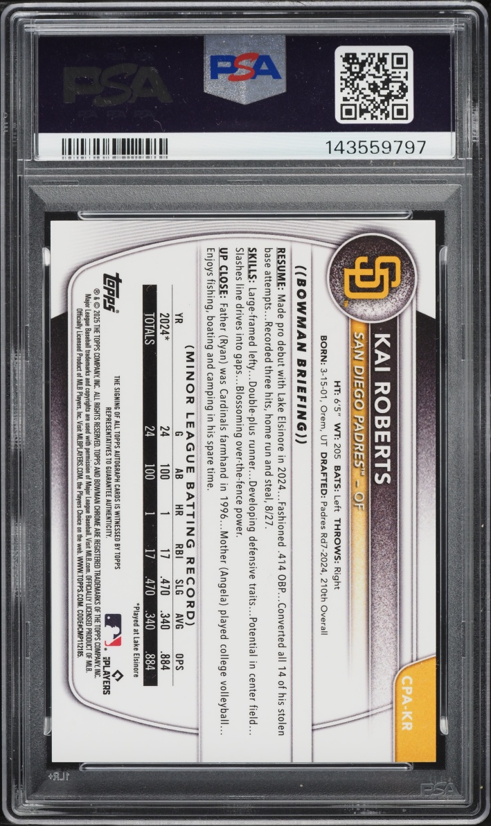 2025 Bowman Chrome Gold Refractor Kai Roberts PROSPECT AUTO /50 #CPAKR PSA 9 MINT