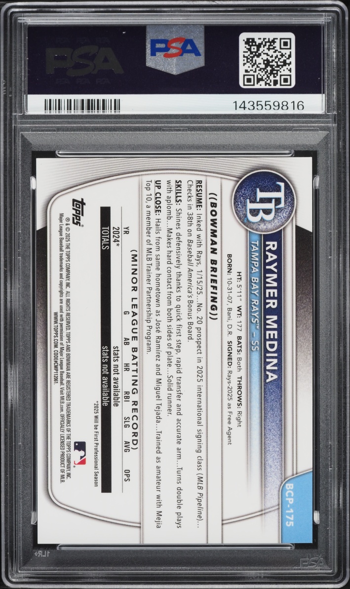 2025 Bowman Chrome Orange Refractor Raymer Medina PROSPECT AUTO /25 #BCP175 PSA 9 MINT