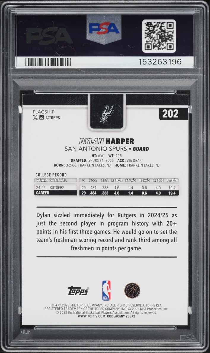 2025 Topps Basketball Dylan Harper ROOKIE #202 PSA 9 MINT