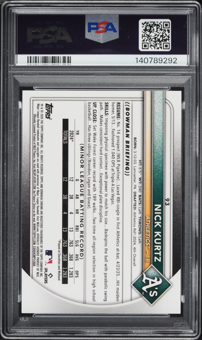 2025 Bowman Chrome Sapphire Nick Kurtz ROOKIE #93 PSA 10 GEM MINT