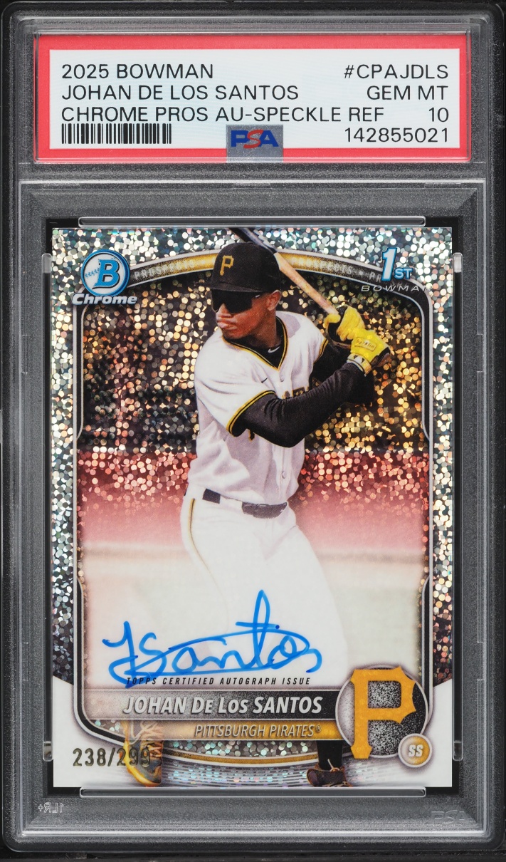 2025 Bowman Chrome Speckle Ref. Johan De Los Santos PROSPECT AUTO /299 #CPA-JDLS PSA 10 GEM