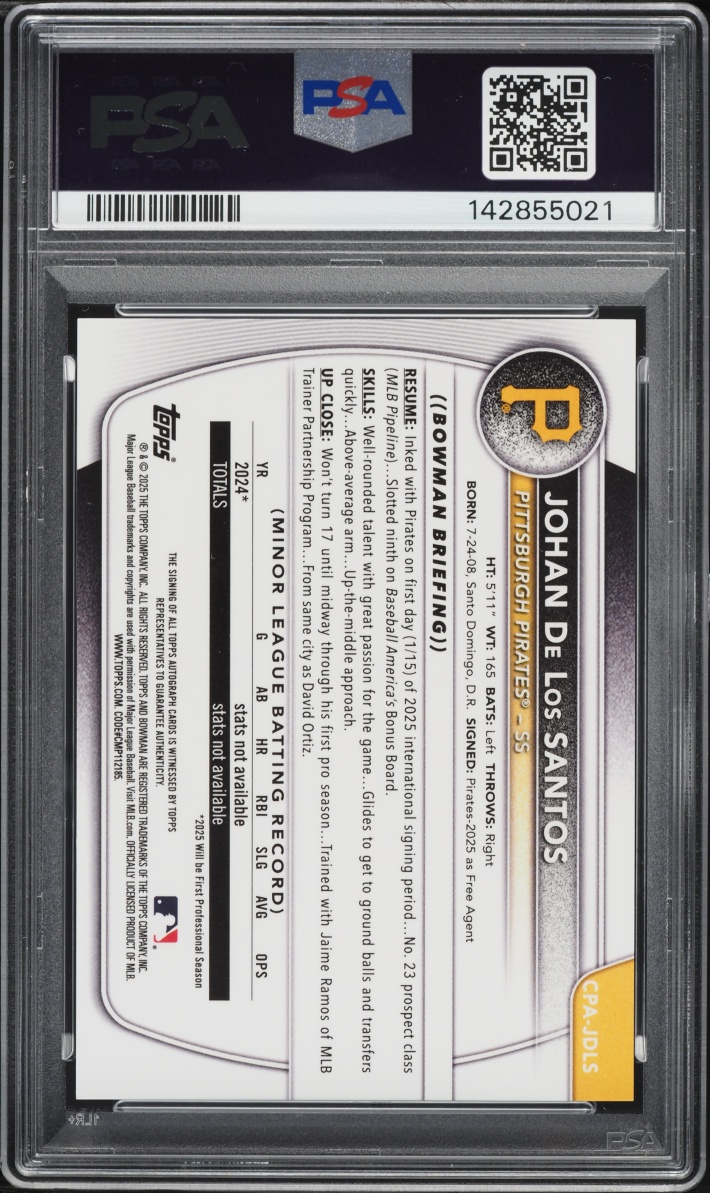 2025 Bowman Chrome Speckle Ref. Johan De Los Santos PROSPECT AUTO /299 #CPA-JDLS PSA 10 GEM