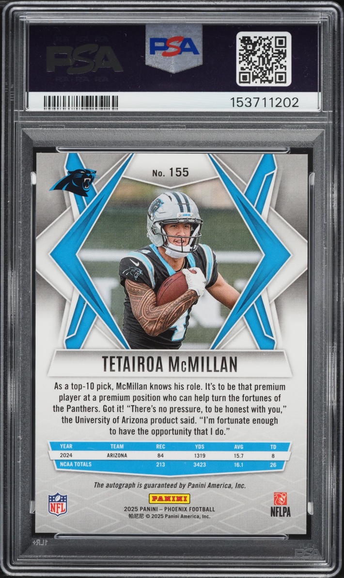 2025 Panini Phoenix Lava Tetairoa McMillan ROOKIE AUTO #155 PSA 10 GEM MINT