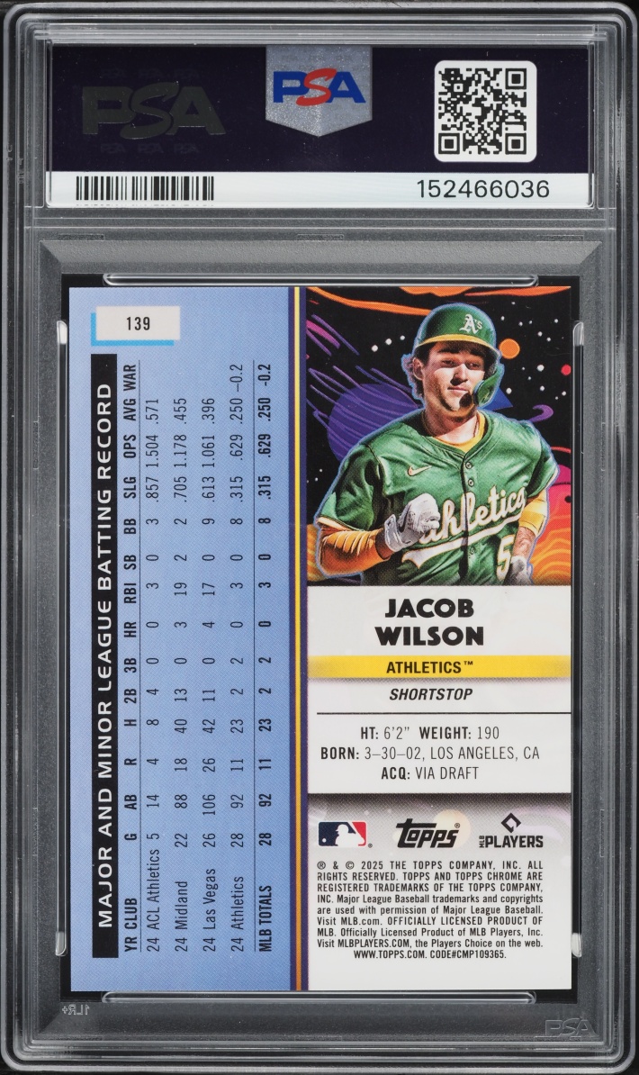 2025 Topps Chrome Cosmic Gold Interstellar Jacob Wilson ROOKIE /50 #139 PSA 10 GEM MINT