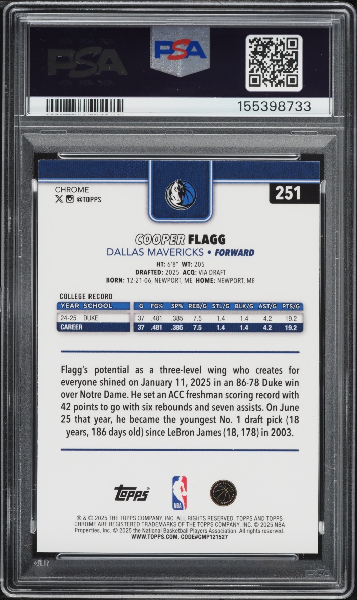 2025 Topps Chrome Cooper Flagg ROOKIE #251 PSA 9 MINT