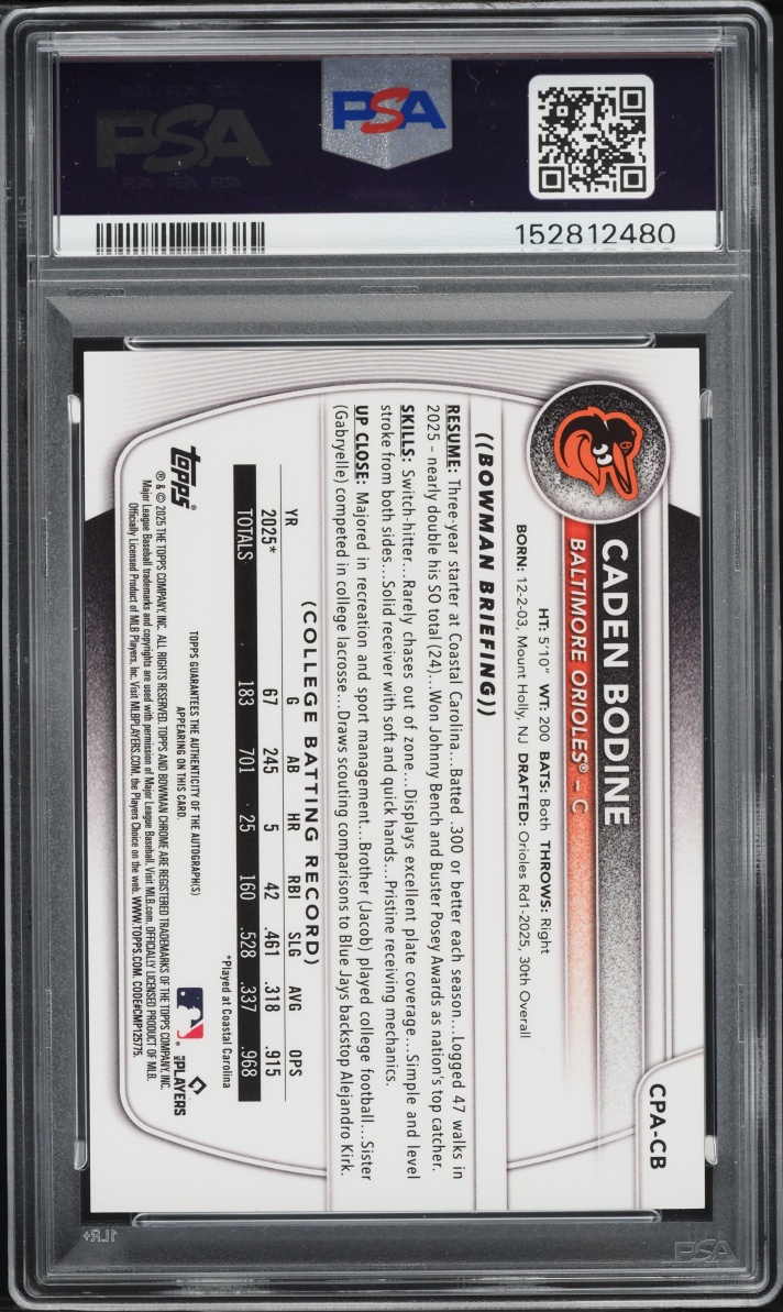 2025 Bowman Chrome Draft Black Xfractor Caden Bodine PROSPECT AUTO /10 #CPA-CB PSA 9 MINT