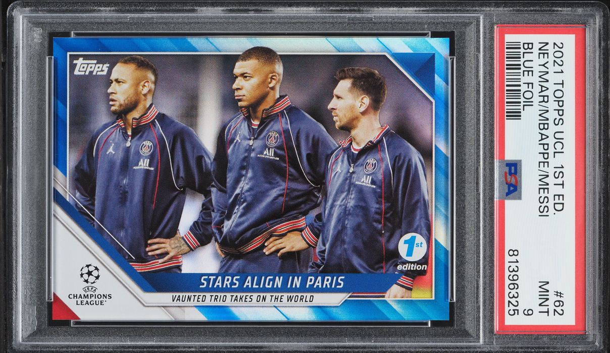 2021 Topps UEFA Champions League 1st Edition Blue Foil Neymar Mbappe Messi /30 #62 PSA 9 MINT