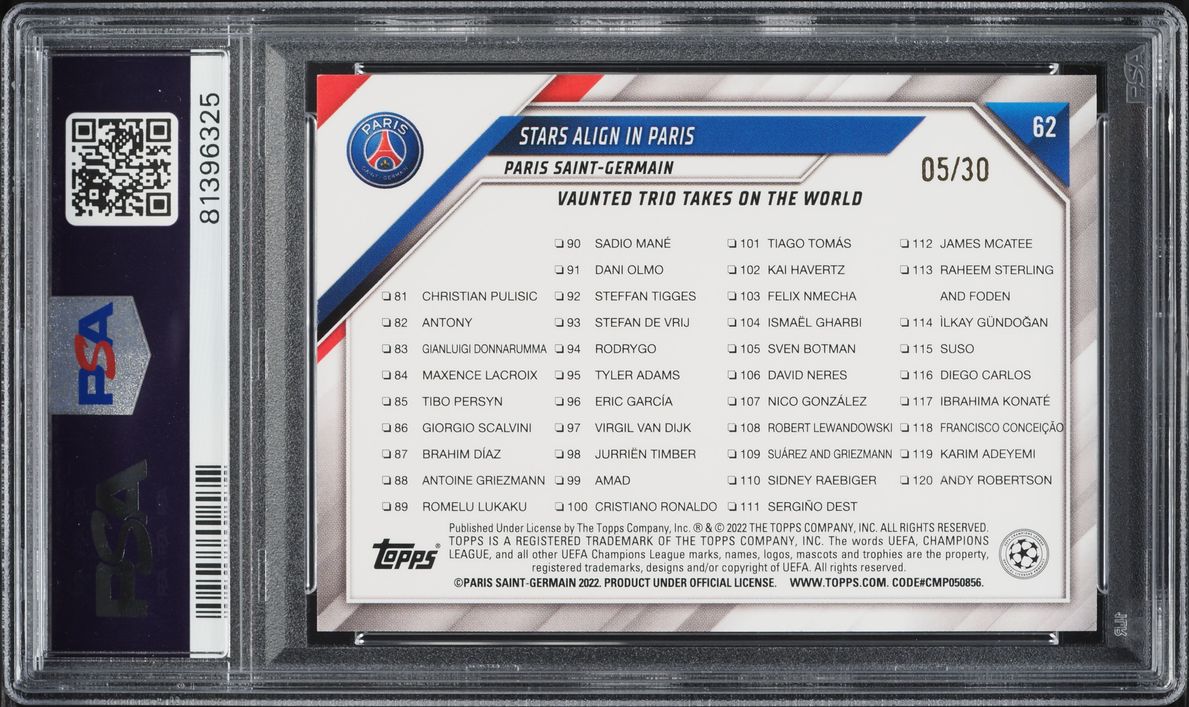 2021 Topps UEFA Champions League 1st Edition Blue Foil Neymar Mbappe Messi /30 #62 PSA 9 MINT