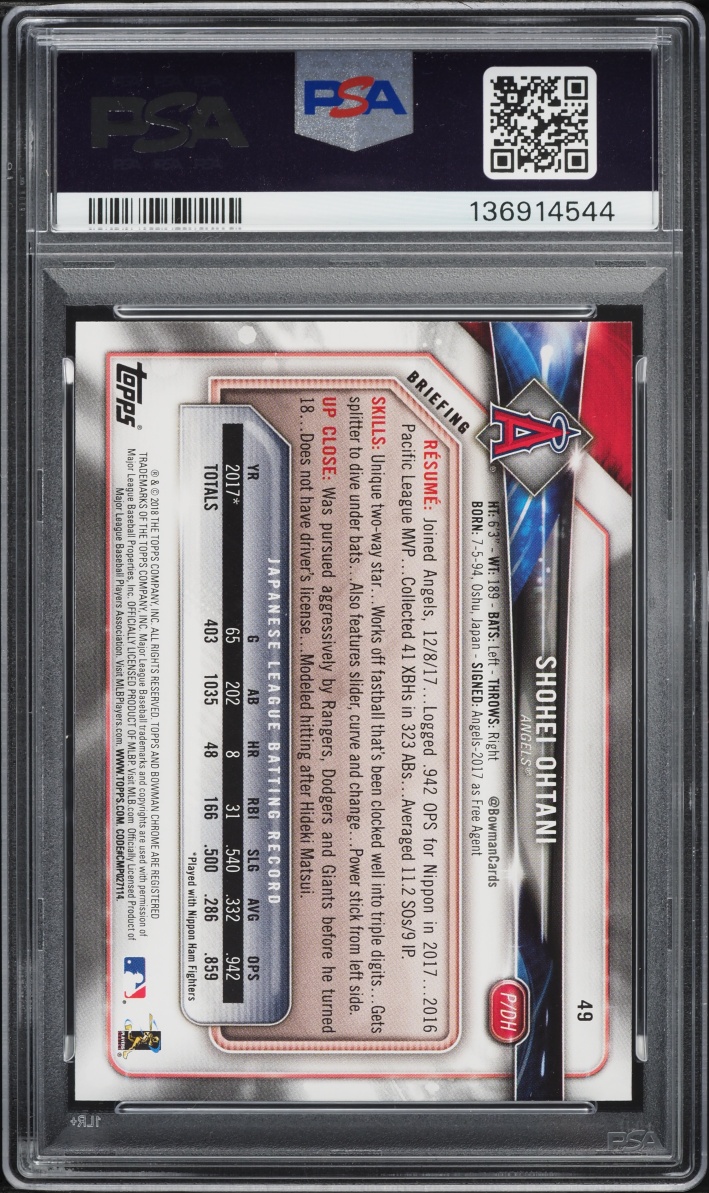 2018 Bowman Shohei Ohtani ROOKIE #49 PSA 9 MINT