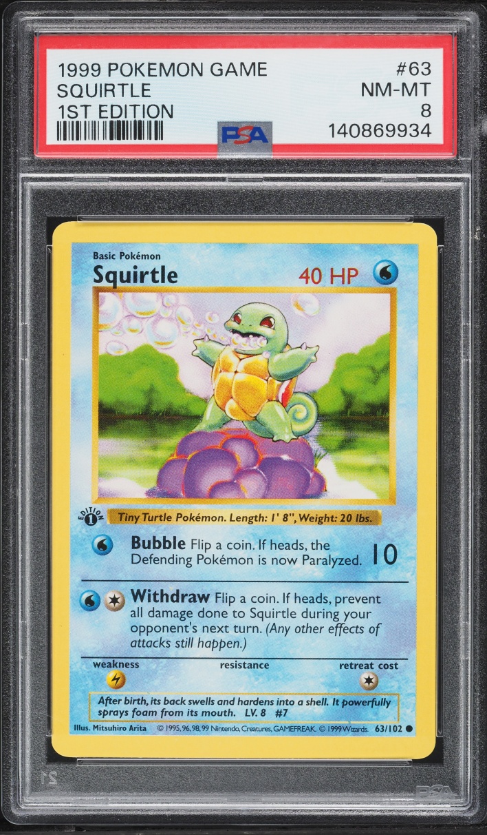 1999 Pokemon Base Set Shadowless 1st Edition Squirtle #63 PSA 8 NM-MT