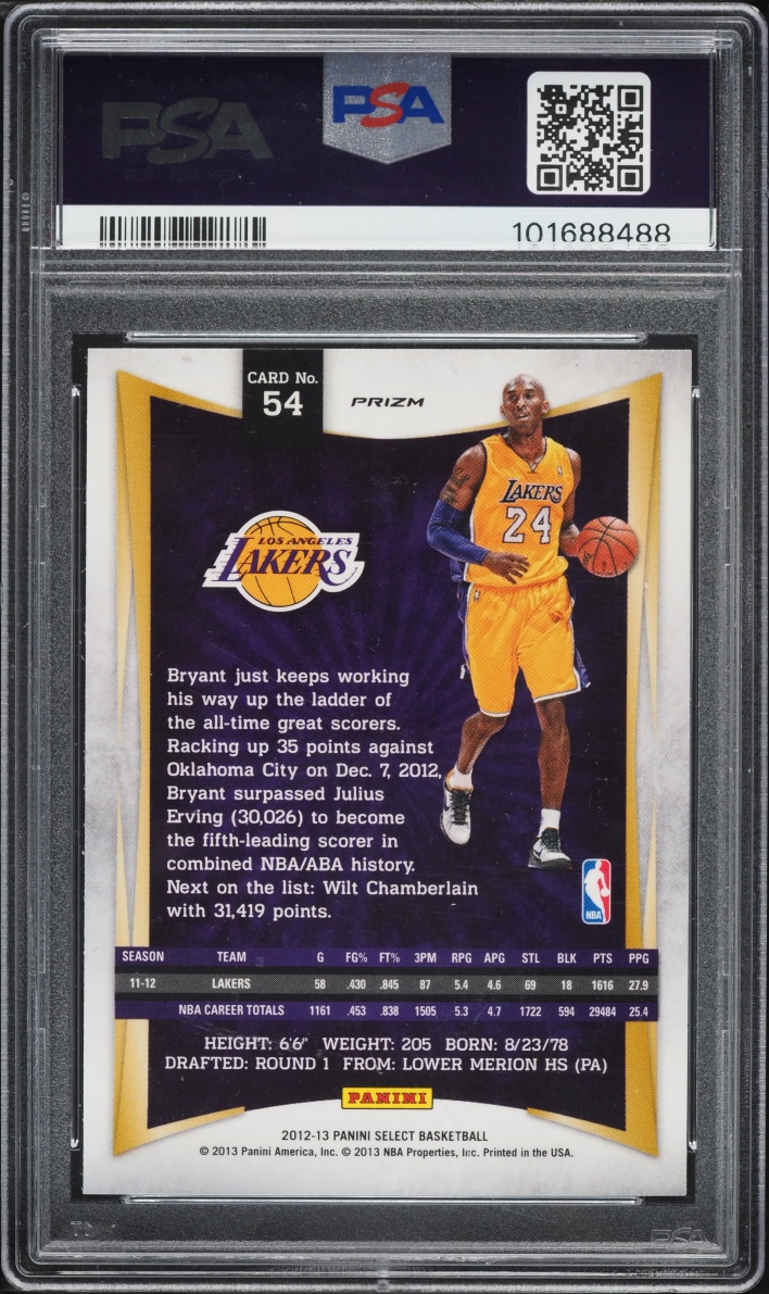 2012 Select Concourse Silver Prizm Kobe Bryant #54 PSA 10 GEM MINT